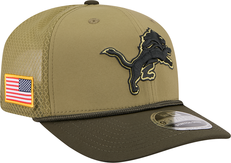 Men's Detroit Lions New Era Green 2025 Salute To Service Sideline 9SEVENTY Trucker Adjustable Hat