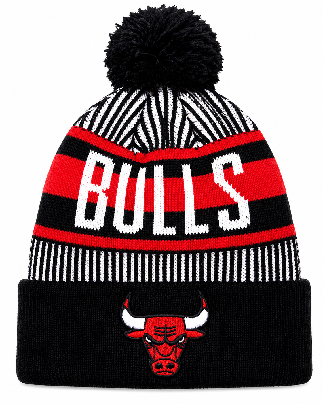 Child Chicago Bulls NBA New Era Black Junior Knitstripe Cuffed Pom Knit Hat
