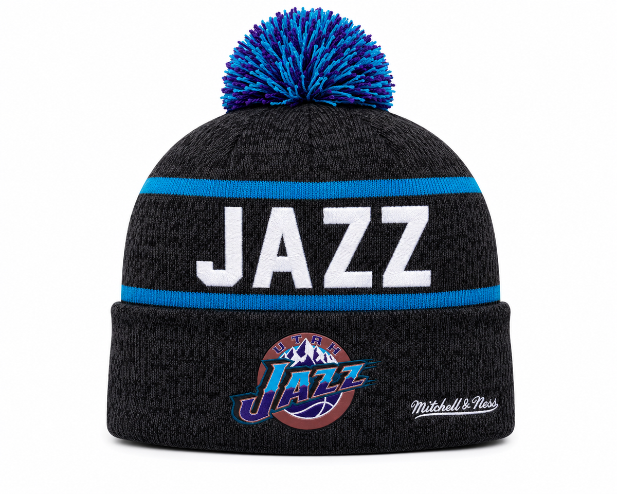 Utah Jazz Mitchell & Ness NBA Reload 2.0 Gray Cuffed Pom Knit Hat