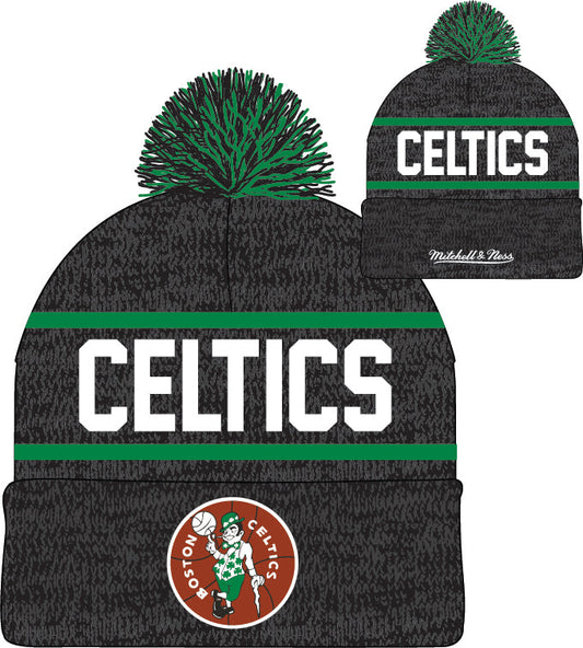 Boston Celtics Mitchell & Ness NBA Reload 2.0 Gray Cuffed Pom Knit Hat
