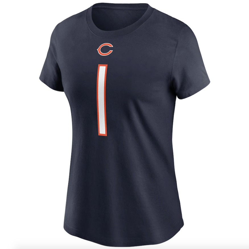 Women's Chicago Bears Justin Fields Nike Navy Player Name & Number T-Shirt