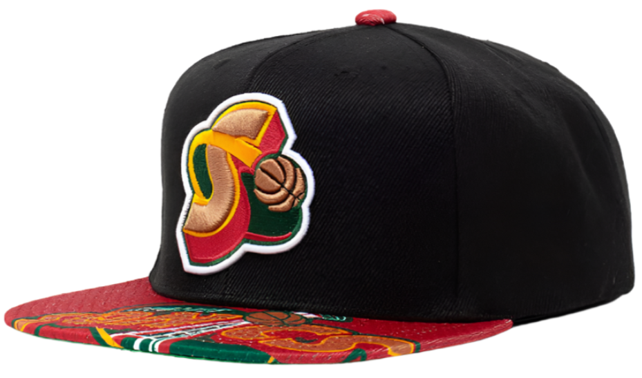 Men's Mitchell & Ness Black/Red Seattle SuperSonics Hardwood Classics Snapshot Adjustable Snapback Hat