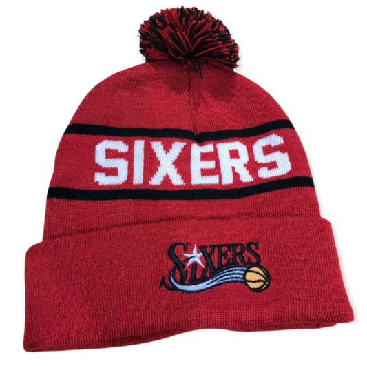 Philadelphia 76ers Mitchell & Ness NBA Reload 2.0 Red Cuffed Pom Knit Hat