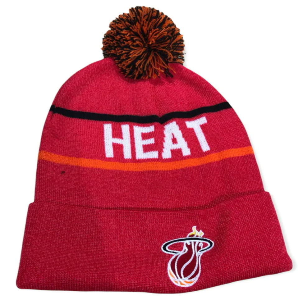 Miami Heat Mitchell & Ness NBA Reload 2.0 Pink Cuffed Pom Knit Hat