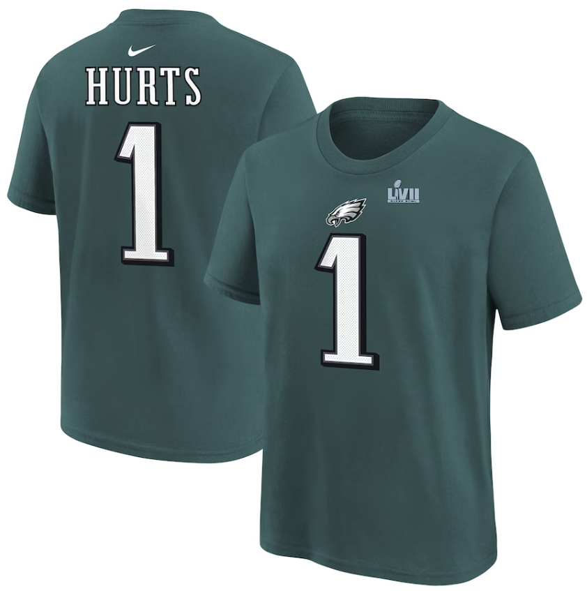 Youth Philadelphia Eagles Jalen Hurts Nike Midnight Green Super Bowl LVII Name & Number T-Shirt