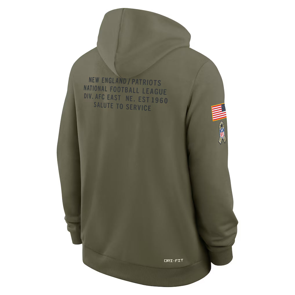 Men's New England Patriots Nike Olive Green 2025 Salute To Service Club Pullover Hoodie