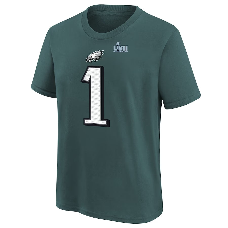 Youth Philadelphia Eagles Jalen Hurts Nike Midnight Green Super Bowl LVII Name & Number T-Shirt
